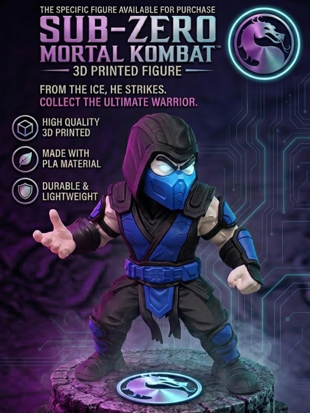 Sub-Zero 3D Printed Figure - Blue & Black Mortal Kombat Collectible